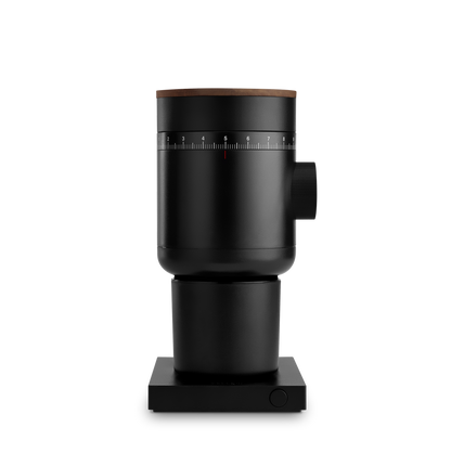 Fellow Opus 2 Conical Burr Grinder in Marine Blue & Walnut with numbered dial on square base.