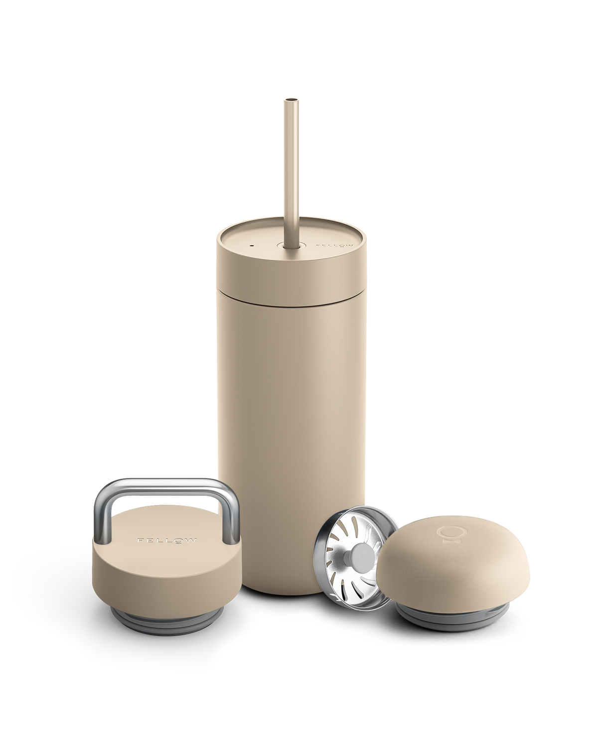 Fellow Carter 3-in-1 Lid System Mug—straw, handle, filter, silicone lid; gift box included.