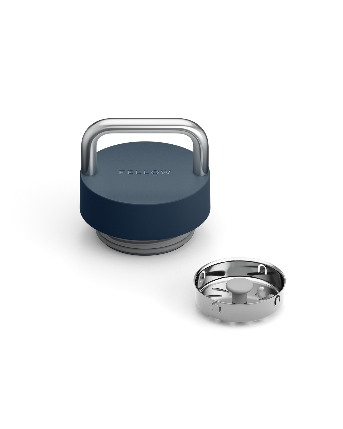 The Carry Lid by Fellow: blue & silver cap with handle and separate metal filter on white background.