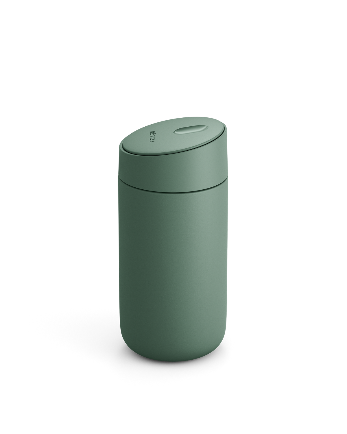 Fellow Carter Slide Mug in matte green with oval lid shown on white background.