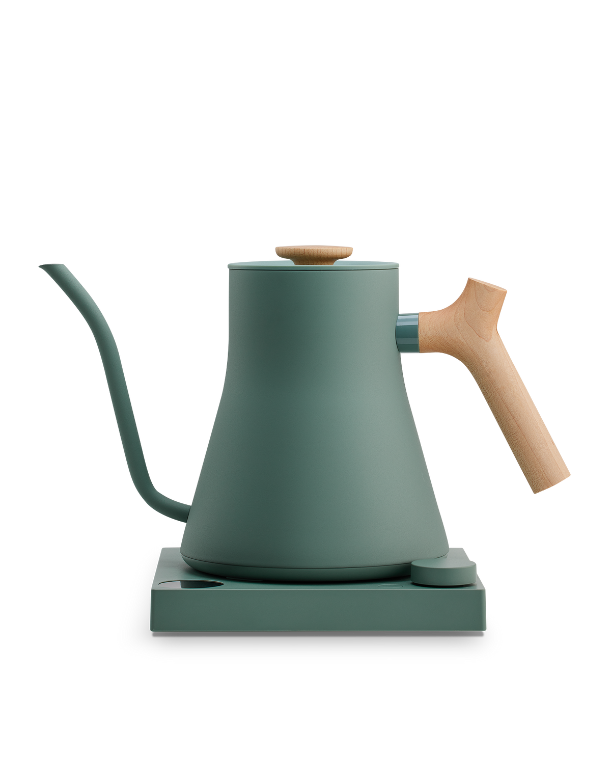 Fellow Stagg EKG matte green kettle, wood handle, temp control, matching electric base.